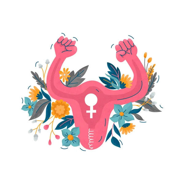 Női Empowerment Propaganda Poszter Uterus Összeszorított Ököllel Virágdísz Vektor Illusztráció — Stock Vector