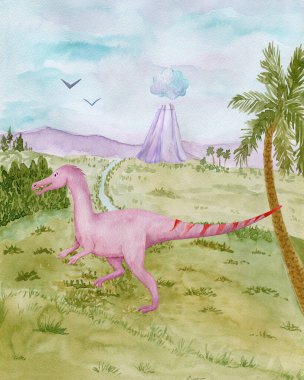Dinozor doğada koşuyor. Tarih öncesi manzara suluboya çizimi. El boyaması dinozor avı.