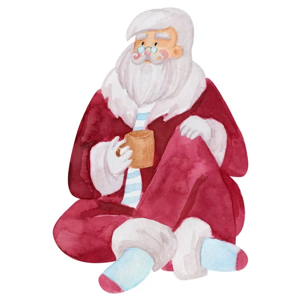 Santa Claus Kliparty Akvarel Ilustrace Santa Pije Teplé Nápoje Útulně — Stock fotografie
