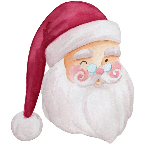 Noel Baba suluboya resimle göz kırpıyor. Çizgi film karakteri. Elle boyanmış Noel Baba kafası, şapka takıyor. Klasik Noel Baba klibi suluboya.