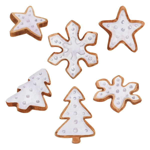 Biscoitos Natal Diferentes Formas Ilustração Aquarela Biscoitos Forma Estrela Com — Fotografia de Stock