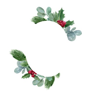 Noel okaliptüs kutsal çerçevesi suluboya çizimi. Beyaz arka planda izole edilmiş köknar ağacı dallarıyla el boyaması tatil çerçevesi..