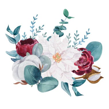 Güzel botanik buketi suluboya çizimi. Şakayık, okaliptüs, noktalı nokta, beyaz arkaplanda yalıtılmış pamuk..