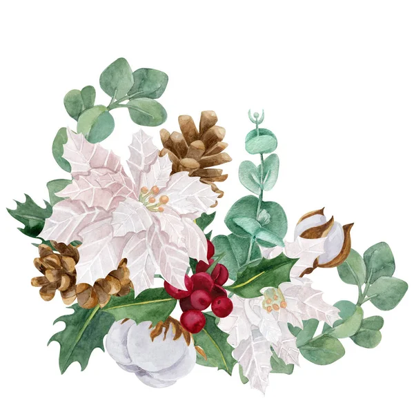 Vánoční Botanické Okraje Akvarel Ilustrace Holly Bavlna Poinsettia Izolované Bílém — Stock fotografie