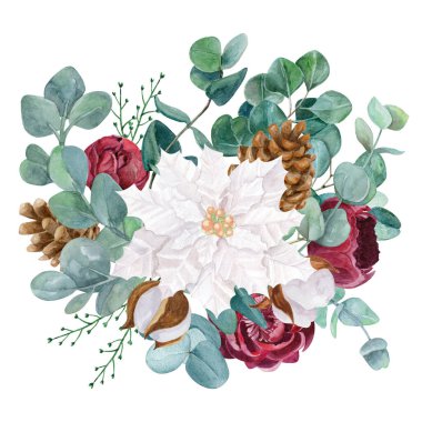 Güzel botanik buketi suluboya çizimi. Şakayık, okaliptüs, noktalı nokta, beyaz arkaplanda yalıtılmış pamuk..
