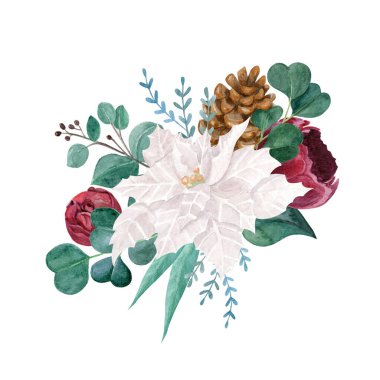 Güzel botanik buketi suluboya çizimi. Şakayık, okaliptüs, noktalı nokta, beyaz arkaplanda yalıtılmış pamuk..