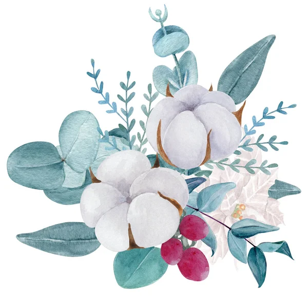 美しい植物花束水彩イラスト ユーカリ ポインセチア 白い背景に隔離された綿 — ストック写真