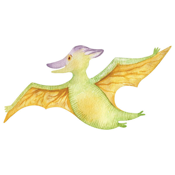 Dinosaur clip-art watercolor illustration. Pterodactyl flying isolated on white background.