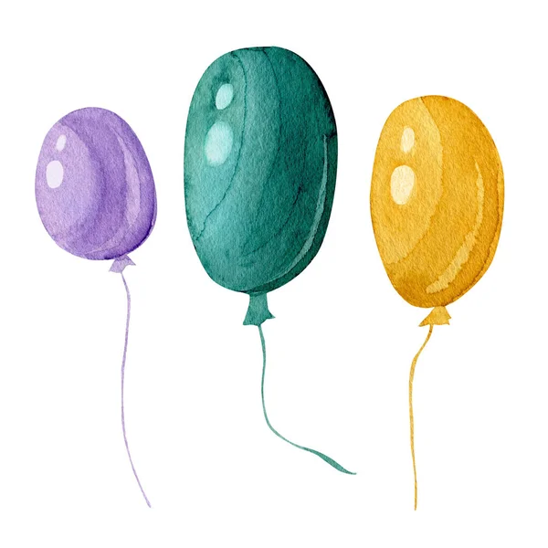 Trzy Balony Akwarelą Ilustracji Uroczyste Balony Dekoracyjne Izolowane Białym Tle — Zdjęcie stockowe