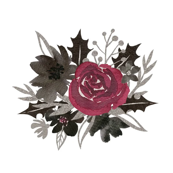 Ręcznie Malowany Czarny Tusz Kwiaty Bukiet Ilustracja Akwarelowa Kompozycja Botaniczna — Zdjęcie stockowe