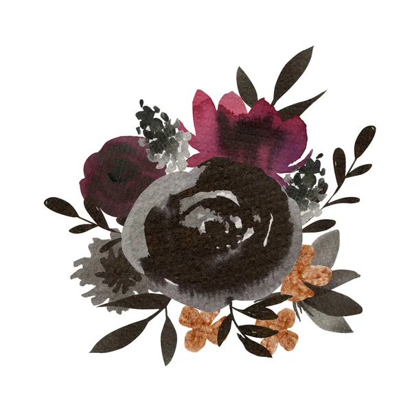 Mão Pintado Tinta Preta Flores Bouquet Ilustração Composição Botânica Aquarela — Fotografia de Stock