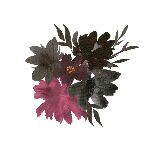 Mão Pintado Tinta Preta Flores Bouquet Ilustração Composição Botânica Aquarela — Fotografia de Stock