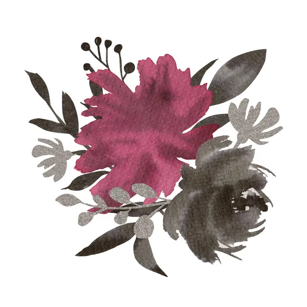 Ręcznie Malowany Czarny Tusz Kwiaty Bukiet Ilustracja Akwarelowa Kompozycja Botaniczna — Zdjęcie stockowe