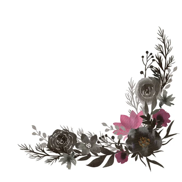Ručně Malované Černé Inkoust Květinové Uspořádání Ilustrace Botanické Složení Akvarelu — Stock fotografie