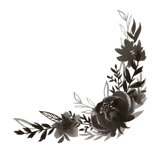Χειροποίητο Μαύρο Μελάνι Εικονογράφηση Διάταξη Λουλουδιών Υδατογραφία Βοτανική Σύνθεση Απομονωμένη — Φωτογραφία Αρχείου