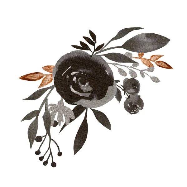 Illustration Arrangement Fleurs Encre Noire Peinte Main Composition Botanique Aquarelle — Photo