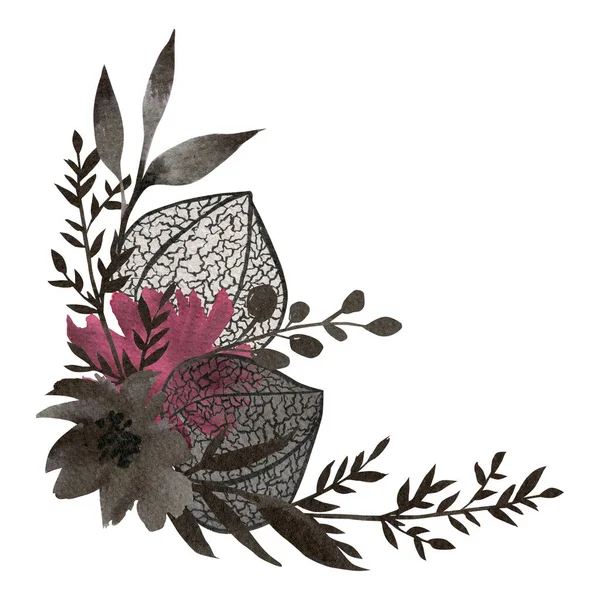 Met Hand Geschilderde Zwarte Inkt Fysalis Border Illustratie Aquarel Botanische — Stockfoto