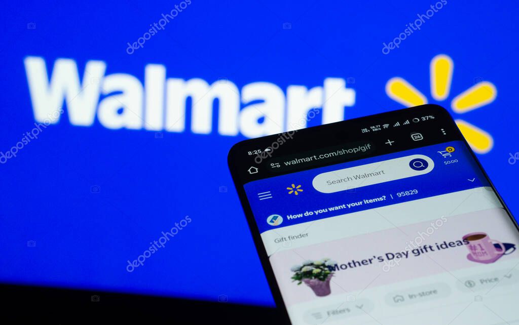 Dhaka, Bangladesh- 03 July 2025: Smartphone displaying Walmart web interface against Walmart logo background.