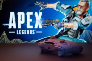 Dhaka, Bangladeş - 19 Sep 2025: Arka planda Zirve Efsaneleri 'nin gösterildiği beyaz bir oyun sahasına yakın plan.