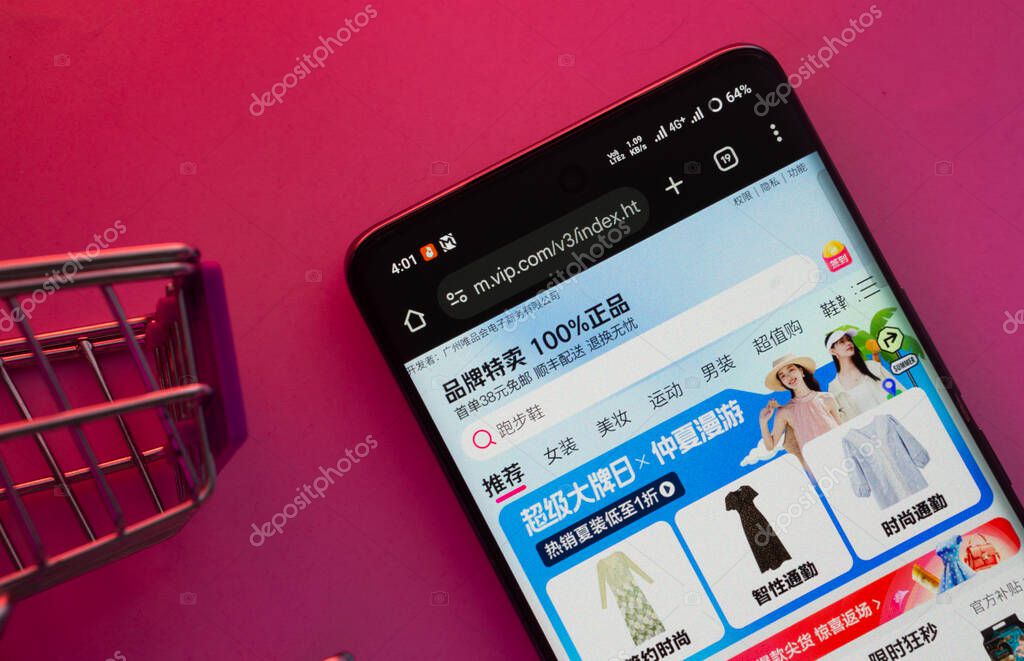 Dhaka, Bangladesh- 23 June 2025: A smartphone displaying the vip.com website with a shopping cart is shown on a vibrant background.