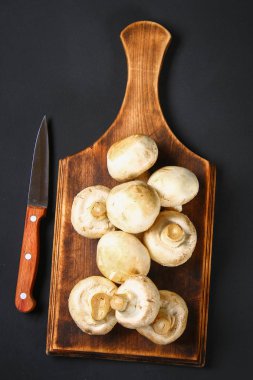 Beyaz taze petrol bir gri karanlık tabloda ahşap bir gemide maydanoz ile. Mantar. Uzay kopyalayın. Üstten Görünüm