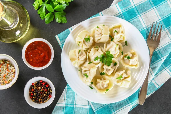 Homemade Ready Dumplings Gray Concrete Table — Stock Photo, Image