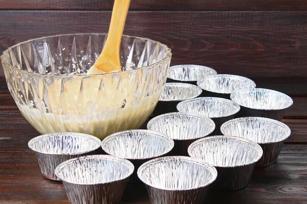 Molds Muffins Wooden Table — Stock Photo, Image