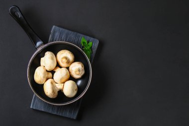 Beyaz taze petrol bir gri karanlık tabloda ahşap bir gemide maydanoz ile. Mantar. Uzay kopyalayın. Üstten Görünüm