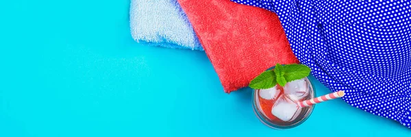 Flip Flops Swimsuit Towel Ice Cocktail Blue Pastel Background Rest — Stock Photo, Image