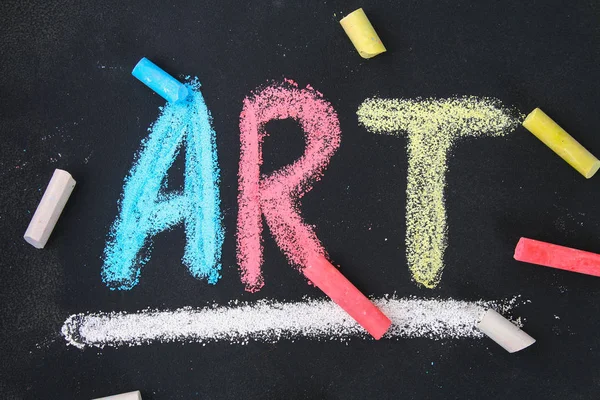 The text of the art is drawn with colorful chalk on a chalkboard