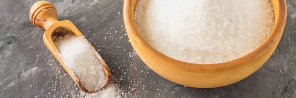 Zucchero Bianco Piatto Legno Con Una Paletta Sfondo Scuro — Foto Stock