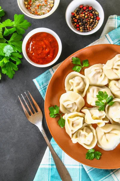 Homemade Ready Dumplings Gray Concrete Table — Stock Photo, Image