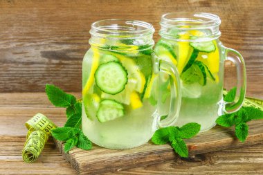 Sassy su. Taze soğuk su ile salatalık, limon, zencefil ve nane. Detoks ve kilo kaybı