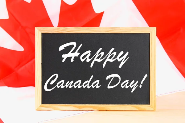 Chalkboard with the word Happy Canada Day on the national flag. Feast of 1 July