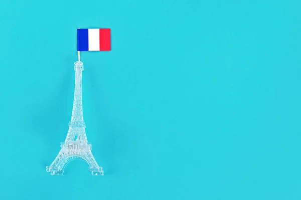 Miniature Eiffel Tower French Flag Blue Background Copy Space Concept — Stock Photo, Image