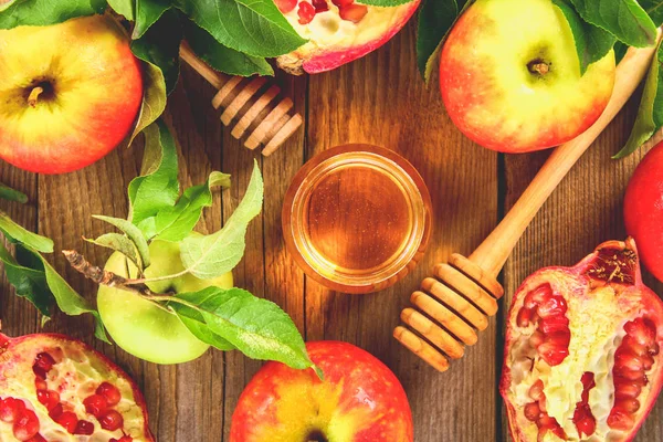 Rosh Hashanah Judiska Nyåret Semester Koncept Traditionell Symbol Äpplen Honung — Stockfoto