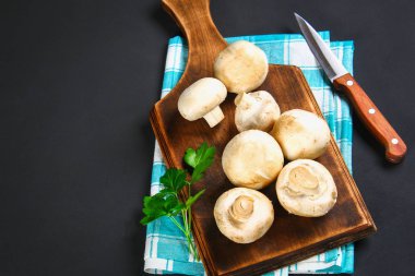 Beyaz taze petrol bir gri karanlık tabloda ahşap bir gemide maydanoz ile. Mantar. Uzay kopyalayın. Üstten Görünüm