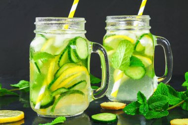 Sassy su. Taze soğuk su ile salatalık, limon, zencefil ve nane. Detoks ve kilo kaybı