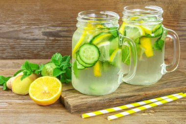 Sassy su. Taze soğuk su ile salatalık, limon, zencefil ve nane. Detoks ve kilo kaybı