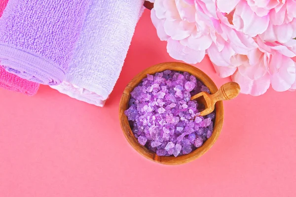 Spa Pink Pastel Background Towels Stones Aromamaslo Purple Salt Bath — Stock Photo, Image