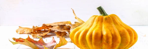 Kürbis Patty Pfanne Und Ahorngelbe Blätter Auf Einem Weißen Holztisch — Stockfoto