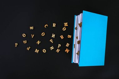 Ahşap harfler bir kara tahta kitap dışarı dökülür. Okuma, bilgi, eğitim kavramı