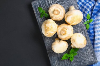 Beyaz taze petrol bir gri karanlık tabloda ahşap bir gemide maydanoz ile. Mantar. Uzay kopyalayın. Üstten Görünüm