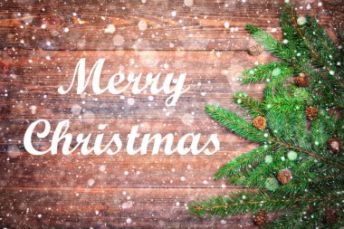 Mutlu Noeller. Ahşap arka plan üzerinde koniler ile Noel ağacı dalları.