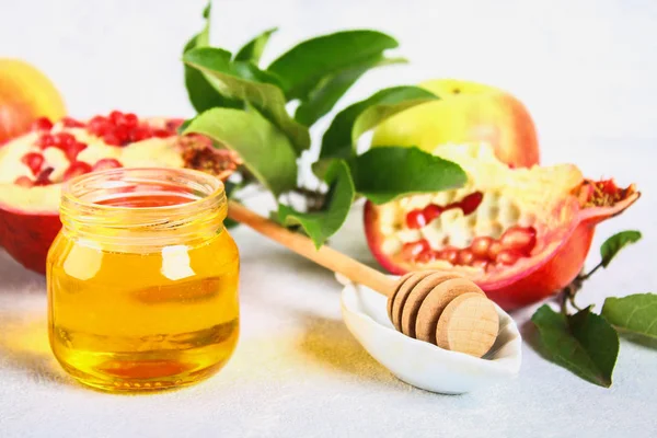 Rosh Hashanah Judiska Nyåret Semester Koncept Traditionell Symbol Äpplen Honung — Stockfoto