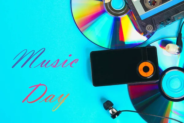 Journée Mondiale Musique Concept Évolution Musique Cassette Disque Lecteur Mp3 — Photo