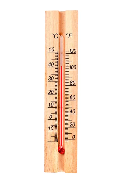 Ξύλινο Θερμόμετρο Θερμόμετρο Δείχνει Βαθμούς Απομονώστε Θερμόμετρο Θερμόμετρο Λευκό Φόντο — Φωτογραφία Αρχείου