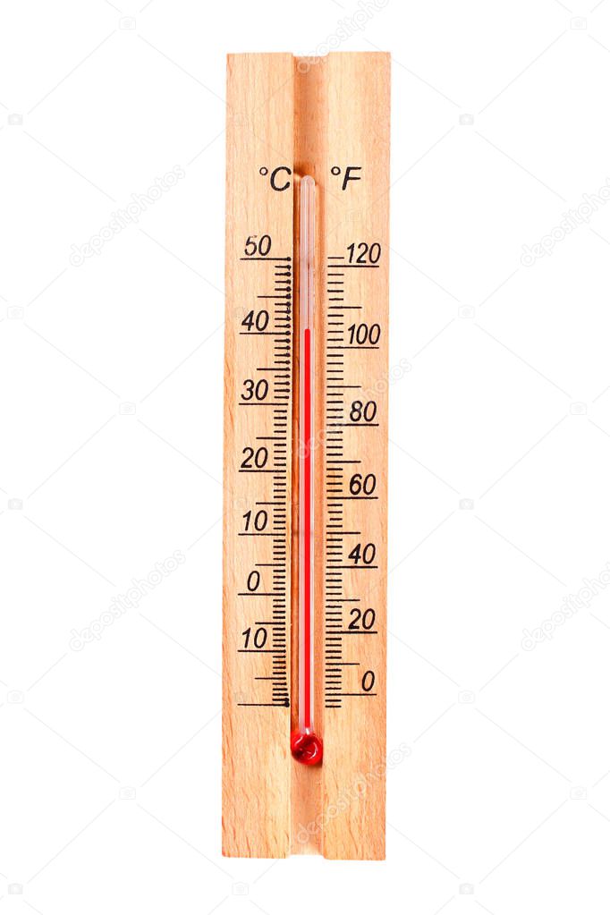 Wooden thermometer. Thermometer shows 40 degrees. Isolate thermometer. Thermometer on a white background