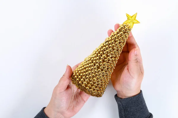 Diy Goldenen Weihnachtsbaum Aus Perlen Girlande Anleitung Auf Dem Foto — Stockfoto