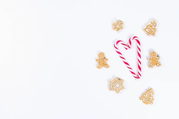 Christmas Layout Striped Red White Cane Candies Homemade Ginger Cookies — Stock Photo, Image